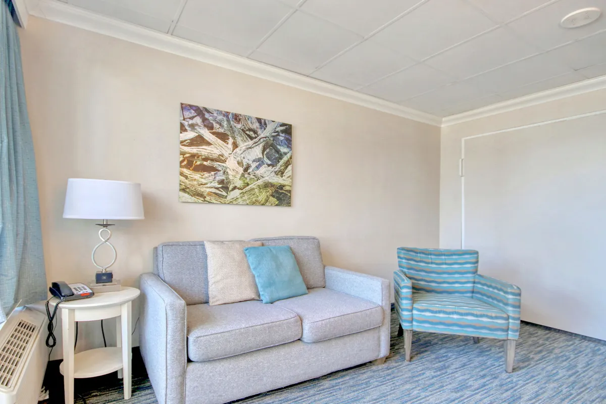 A comfortable living area with a sofa, accent chair, decorative lamp, and modern artwork. The arrangement encourages relaxing, reading, or enjoying casual conversations in a bright, airy setting.